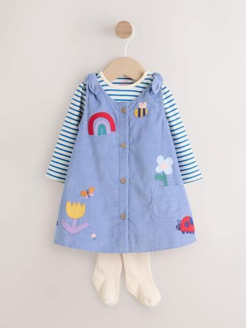 Blue Character Baby Cord Long Sleeve Bodysuit and Pinafore Dress with Tights Set