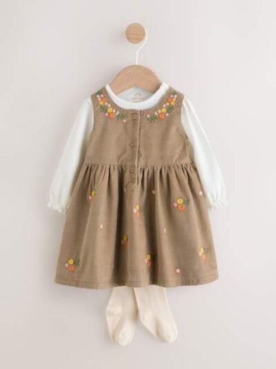 Olive Green Embroidered Baby Cord Pinafore Long Sleeve Bodysuit & Tights Set