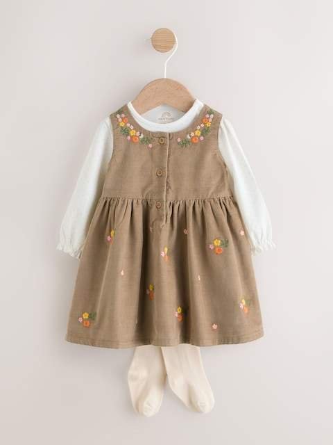 Olive Green Embroidered Baby Cord Pinafore Long Sleeve Bodysuit & Tights Set