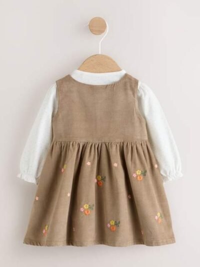 Olive Green Embroidered Baby Cord Pinafore Long Sleeve Bodysuit & Tights Set