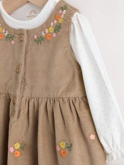 Olive Green Embroidered Baby Cord Pinafore Long Sleeve Bodysuit & Tights Set