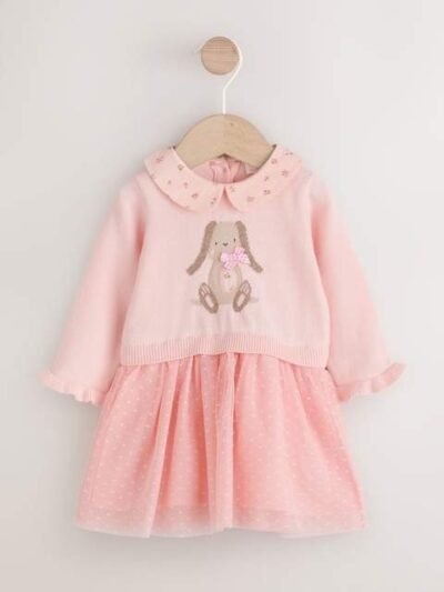 Pink Bunny Baby Knitted Twofer Dress