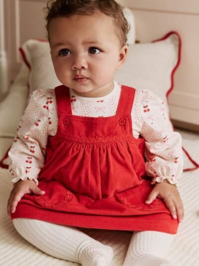 Red Bow Baby Cord Pinafore Long Sleeve Bodysuit & Tights Set