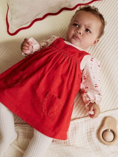 Red Bow Baby Cord Pinafore Long Sleeve Bodysuit & Tights Set