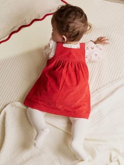 Red Bow Baby Cord Pinafore Long Sleeve Bodysuit & Tights Set