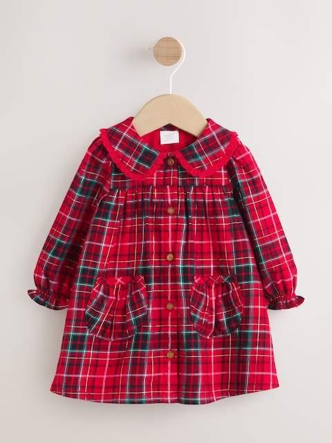 Red Check Baby Collar Long Sleeve Dress