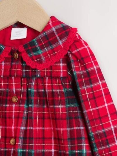 Red Check Baby Collar Long Sleeve Dress