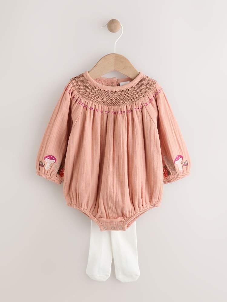 Tan Brown Embroidered Baby Bloomer Rompers with Tights Set 2 Piece