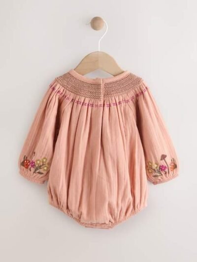 Tan Brown Embroidered Baby Bloomer Rompers with Tights Set 2 Piece