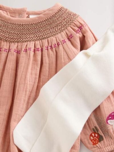 Tan Brown Embroidered Baby Bloomer Rompers with Tights Set 2 Piece