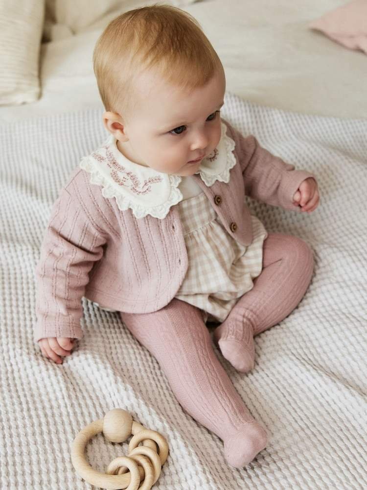 Pink Bubble Romper Long Sleeve Bodysuit Cardigan and Tights 4 Piece Set