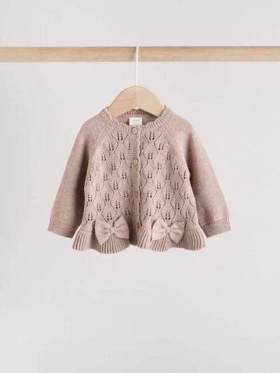 Mink Brown Frill Knitted Bow Baby Cardigan Set