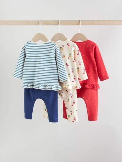 Red/Blue/Cream Long Sleeve Top And Leggings Set 6 Piece