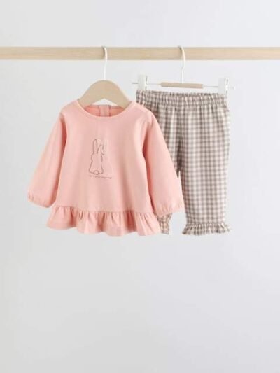 Pink/ Neutral Gingham Baby Long Sleeve Peplum Top and Trousers Set 2 Piece