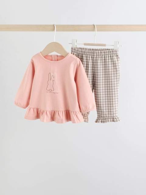 Pink/ Neutral Gingham Baby Long Sleeve Peplum Top and Trousers Set 2 Piece