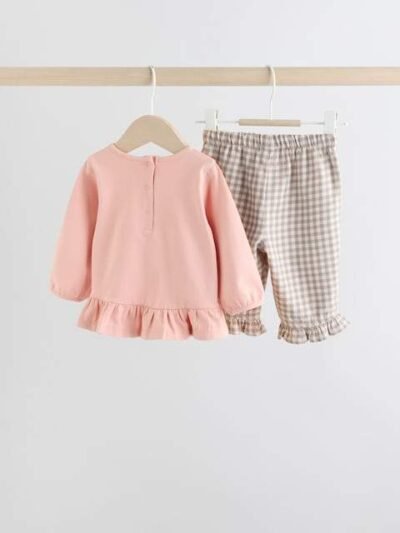 Pink/ Neutral Gingham Baby Long Sleeve Peplum Top and Trousers Set 2 Piece