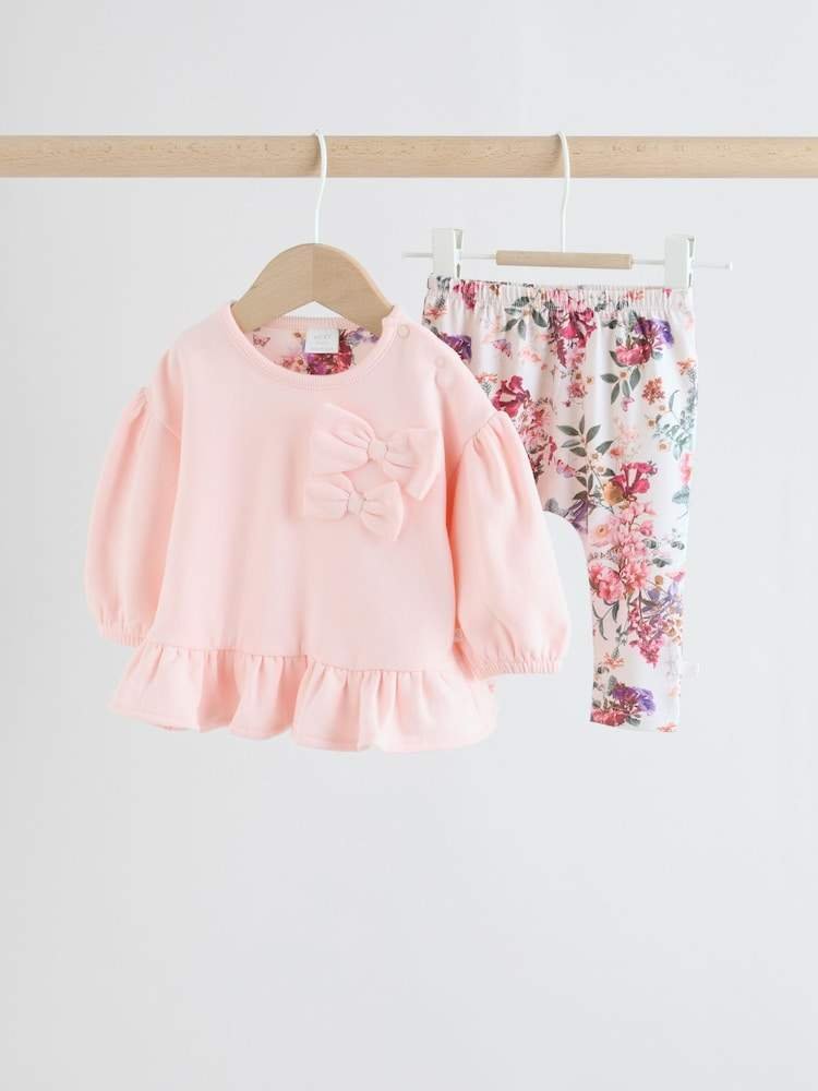Pink/Cream Floral Baby Bow Sweaters and Leggings Set 2 Piece