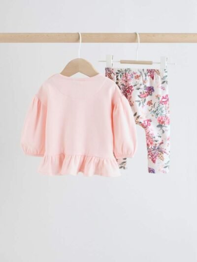 Pink/Cream Floral Baby Bow Sweaters and Leggings Set 2 Piece