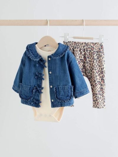 Neutral Animal Baby Denim Jacket, Top and Leggings Set 3 Piece