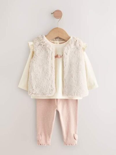 Pink/Cream Baby Fur Gilet, Top and Leggings 3 Piece Set