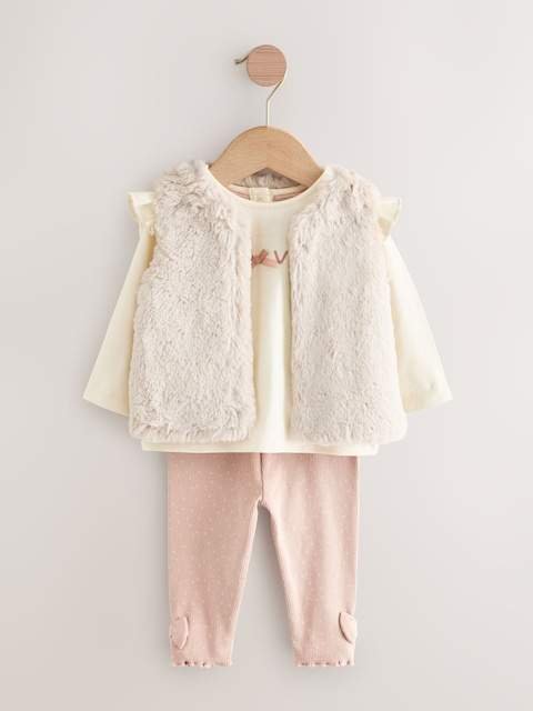 Pink/Cream Baby Fur Gilet, Top and Leggings 3 Piece Set