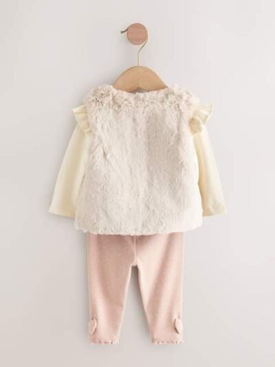 Pink/Cream Baby Fur Gilet, Top and Leggings 3 Piece Set