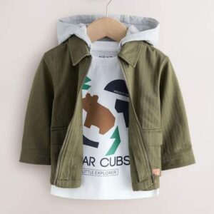 Khaki Green Hooded Overshirt and T-Shirt Set 2 Piece