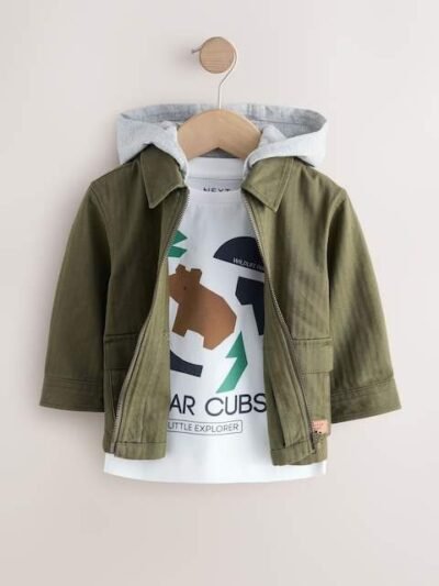 Khaki Green Hooded Overshirt and T-Shirt Set 2 Piece