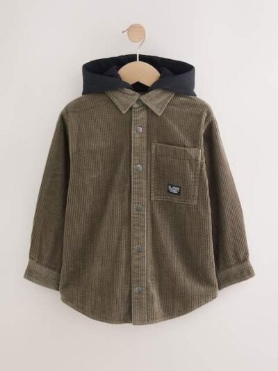 Khaki Green Corduroy Hooded Overshirt