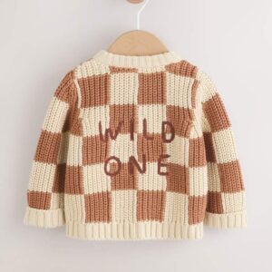 Natural Checkerboard Baby Knitted Cardigan