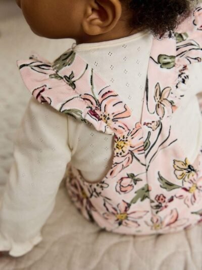 Pink Floral Baby Print Long Sleeve Bodysuit and Cord Dungarees Set 2 Piece