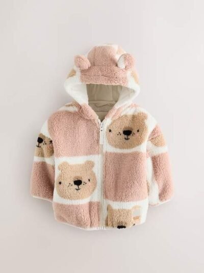 Brown Teddy Bear Print Zip Through Fleece