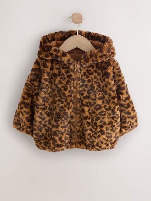 Brown Leopard Animal Print Faux Fur Zip Through Jacket