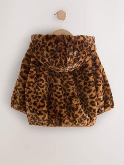 Brown Leopard Animal Print Faux Fur Zip Through Jacket