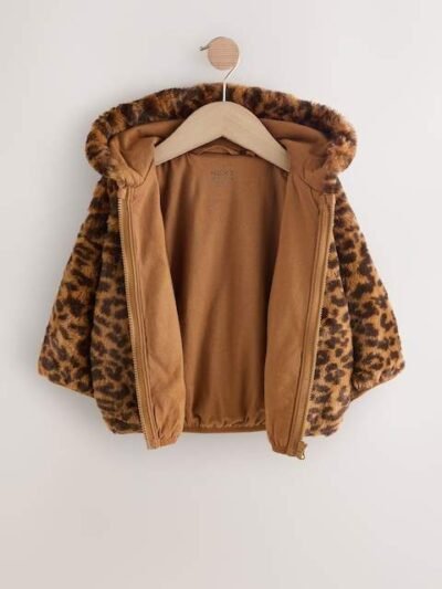 Brown Leopard Animal Print Faux Fur Zip Through Jacket