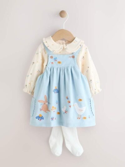 Blue Character Baby Cord Pinafore Long Sleeve Bodysuit & Tights Set