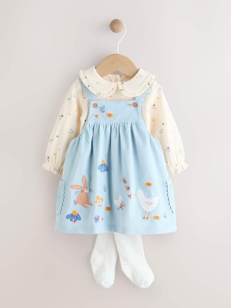 Blue Character Baby Cord Pinafore Long Sleeve Bodysuit & Tights Set