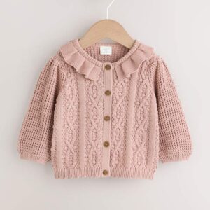 Pink Knitted Frill Collar Baby Cardigan