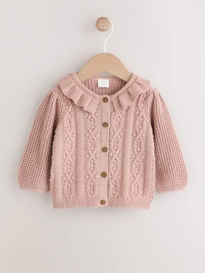 Pink Knitted Frill Collar Baby Cardigan