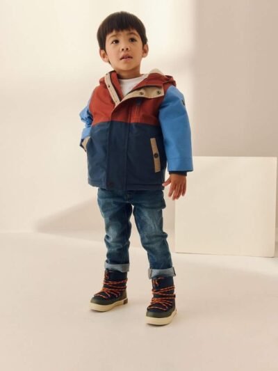 Navy/Red Colourblock Waterproof Borg Lined Parka Coat