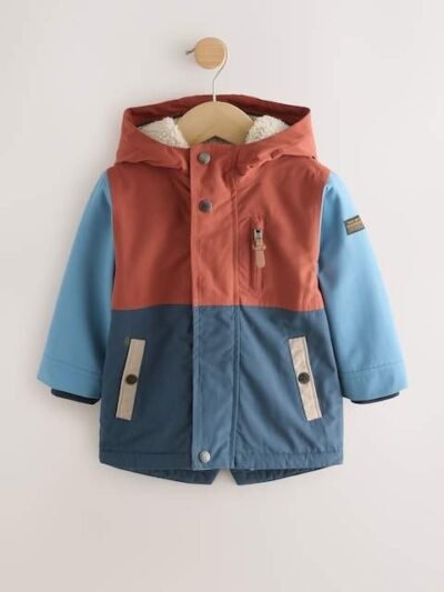 Navy/Red Colourblock Waterproof Borg Lined Parka Coat