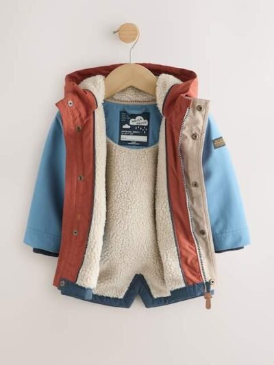 Navy/Red Colourblock Waterproof Borg Lined Parka Coat