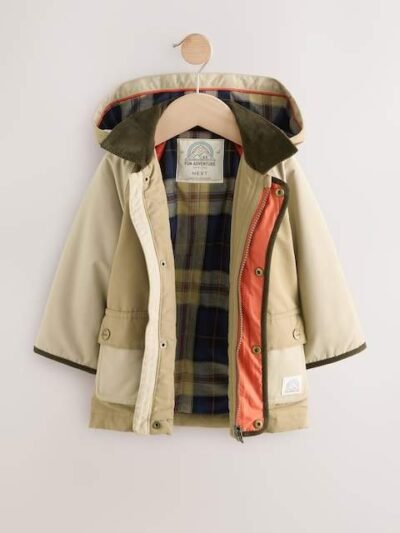 Neutral Brown Hooded Cord Collar Shower Resistant Coat