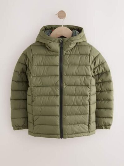 Khaki Green Quilted Midweight Hooded Jacket