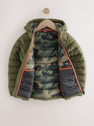 Khaki Green Quilted Midweight Hooded Jacket