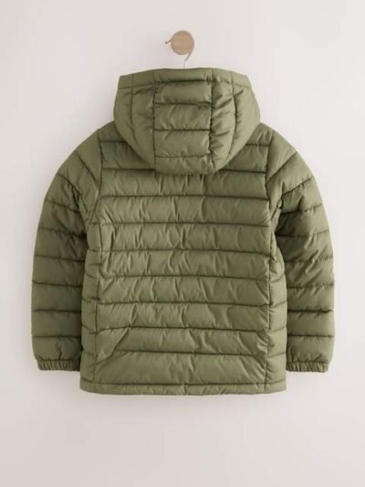 Khaki Green Quilted Midweight Hooded Jacket