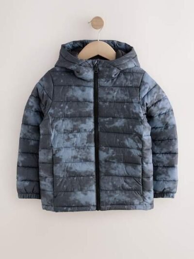 Blue Digital Print Quilted Midweight Hooded Jacket