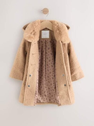 Camel Faux Fur Collar Hooded Coat with Wool
