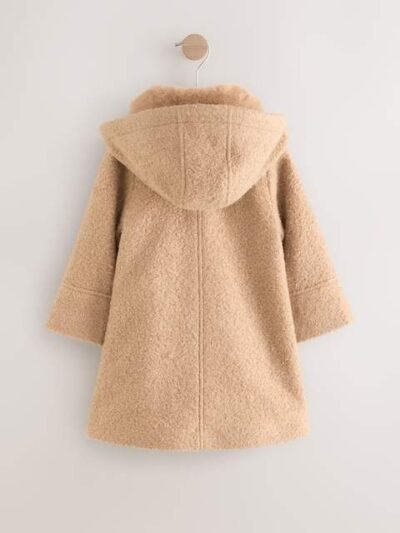 Camel Faux Fur Collar Hooded Coat with Wool