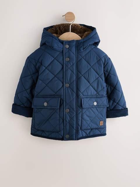 Navy Borg Lined Quilted Coat